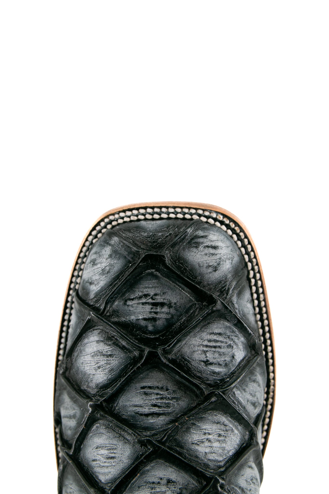 Top-down close-up of black safari Big Bass Pirarucu cowboy boot vamp, showcasing the black pirarucu print detail, double stitching and square toe.