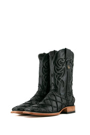 The black Big Bass Pirarucu Cowboy Boot features genuine leather, square toe, black pirarucu print vamp, black embroidered shaft, rubber heel, and tan sole.