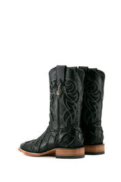 Back view of black Big Bass Pirarucu Cowboy Boot in genuine leather, square toe, black pirarucu print vamp, black embroidered shaft, rubber heel, and tan sole.