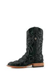 Side view of black Big Bass Pirarucu Cowboy Boot features genuine leather, square toe, black pirarucu print vamp, black embroidered shaft, rubber heel, and tan sole.