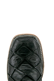 Top-down close-up of black Big Bass Pirarucu cowboy boot vamp, showcasing the black pirarucu print detail, double stitching and square toe.