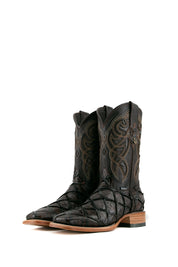 The brown shedron Big Bass Pirarucu Cowboy Boot in genuine leather, square toe, brown pirarucu print vamp, brown embroidered shaft, rubber heel, and tan sole.