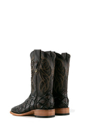 Back view of the brown shedron Big Bass Pirarucu Cowboy Boot in genuine leather, square toe, brown pirarucu print vamp, brown embroidered shaft, rubber heel, and tan sole.