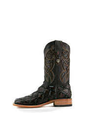 Side view of the brown shedron Big Bass Pirarucu Cowboy Boot in genuine leather, square toe, brown pirarucu print vamp, brown embroidered shaft, rubber heel, and tan sole.