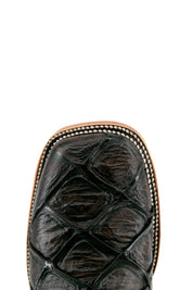 Top-down close-up of brown Big Bass Pirarucu cowboy boot vamp, showcasing the brown pirarucu print detail, double stitching and square toe.