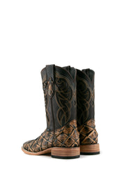 Back view of the camel Big Bass Pirarucu Cowboy Boot in genuine leather, square toe, camel pirarucu print vamp, brown embroidered shaft, rubber heel, and tan sole.