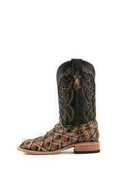Side view of the camel Big Bass Pirarucu Cowboy Boot in genuine leather, square toe, camel pirarucu print vamp, brown embroidered shaft, rubber heel, and tan sole.
