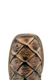 Top-down close-up of camel Big Bass Pirarucu cowboy boot vamp, showcasing the brown pirarucu print detail, double stitching and square toe.