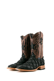 The black Clone Fish Pirarucu Matte cowboy boots feature a square toe, black pirarucu print vamp, brown embroidered shaft with black star perforations, and a rubber hee