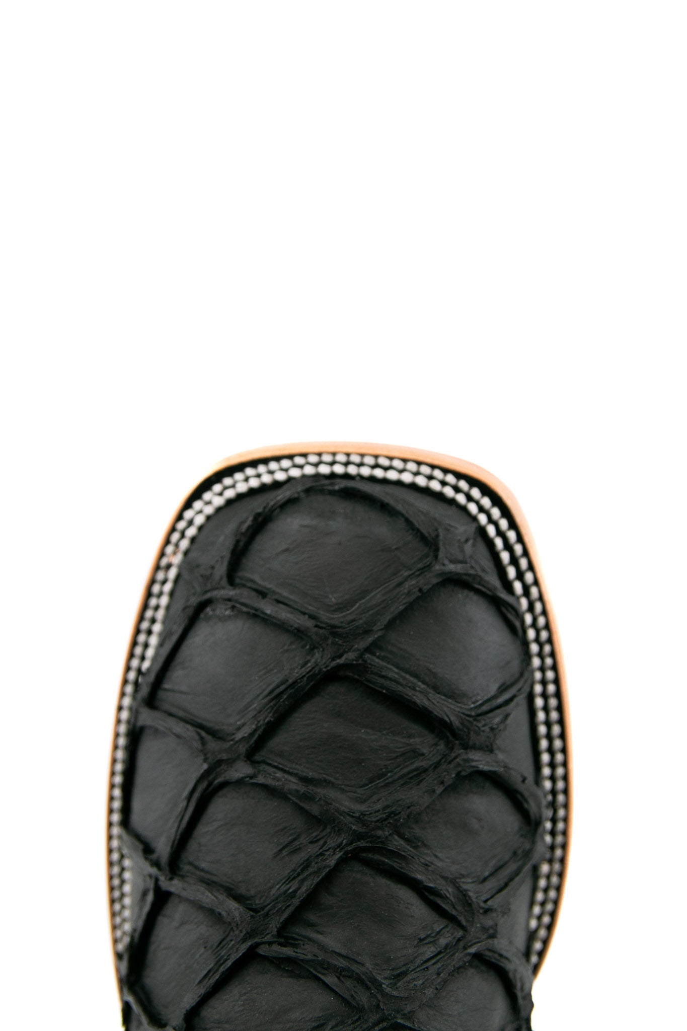 Top-down close-up of black Clone Fish Pirarucu Matte cowboy boot vamp, showcasing the black and pirarucu print detail and square toe and double stitching.