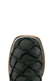 Top-down close-up of black Clone Fish Pirarucu Matte cowboy boot vamp, showcasing the black and pirarucu print detail and square toe and double stitching.