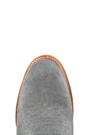 Top-down close-up of grey Maverick Roughout cowboy boot vamp, showcasing the grey suede print detail, stitching and round toe.