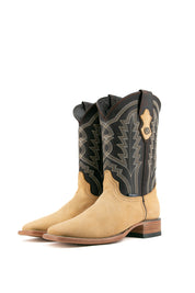 The mustard Luke Suede cowboy boots are genuine leather, featuring a square toe, black suede vamp, yellow shaft with embroidery, and rubber heel.