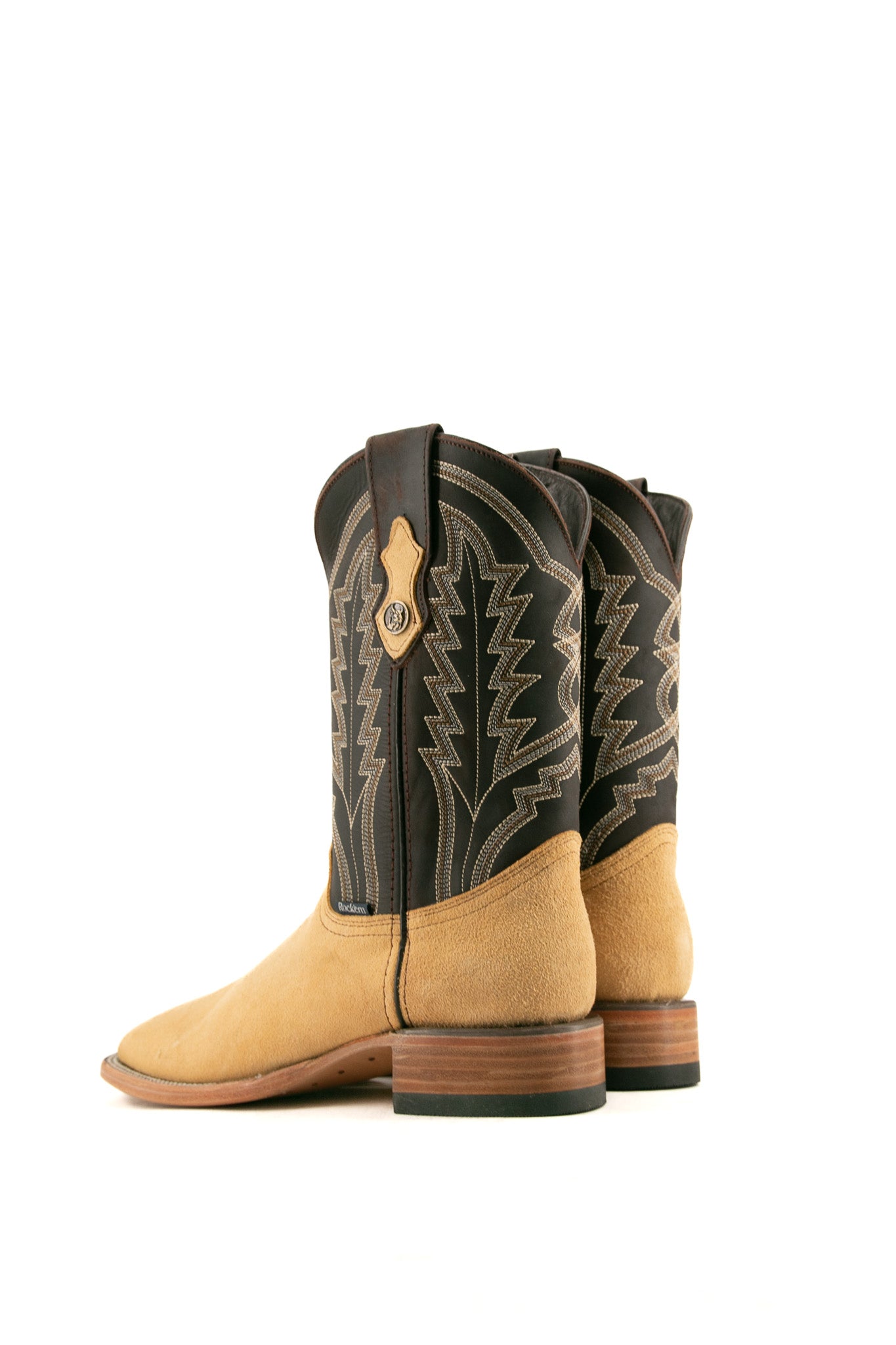 Back view of the mustard Luke Suede cowboy boots in genuine leather, featuring a square toe, black suede vamp, yellow shaft with embroidery, and rubber heel.
