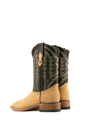 Back view of the mustard Luke Suede cowboy boots in genuine leather, featuring a square toe, black suede vamp, yellow shaft with embroidery, and rubber heel.