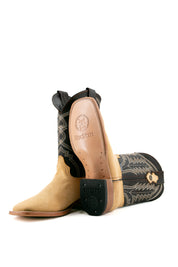 View of the mustard Luke Suede cowboy boots in genuine leather, featuring a square toe, black suede vamp, yellow shaft with embroidery, and rubber heel.