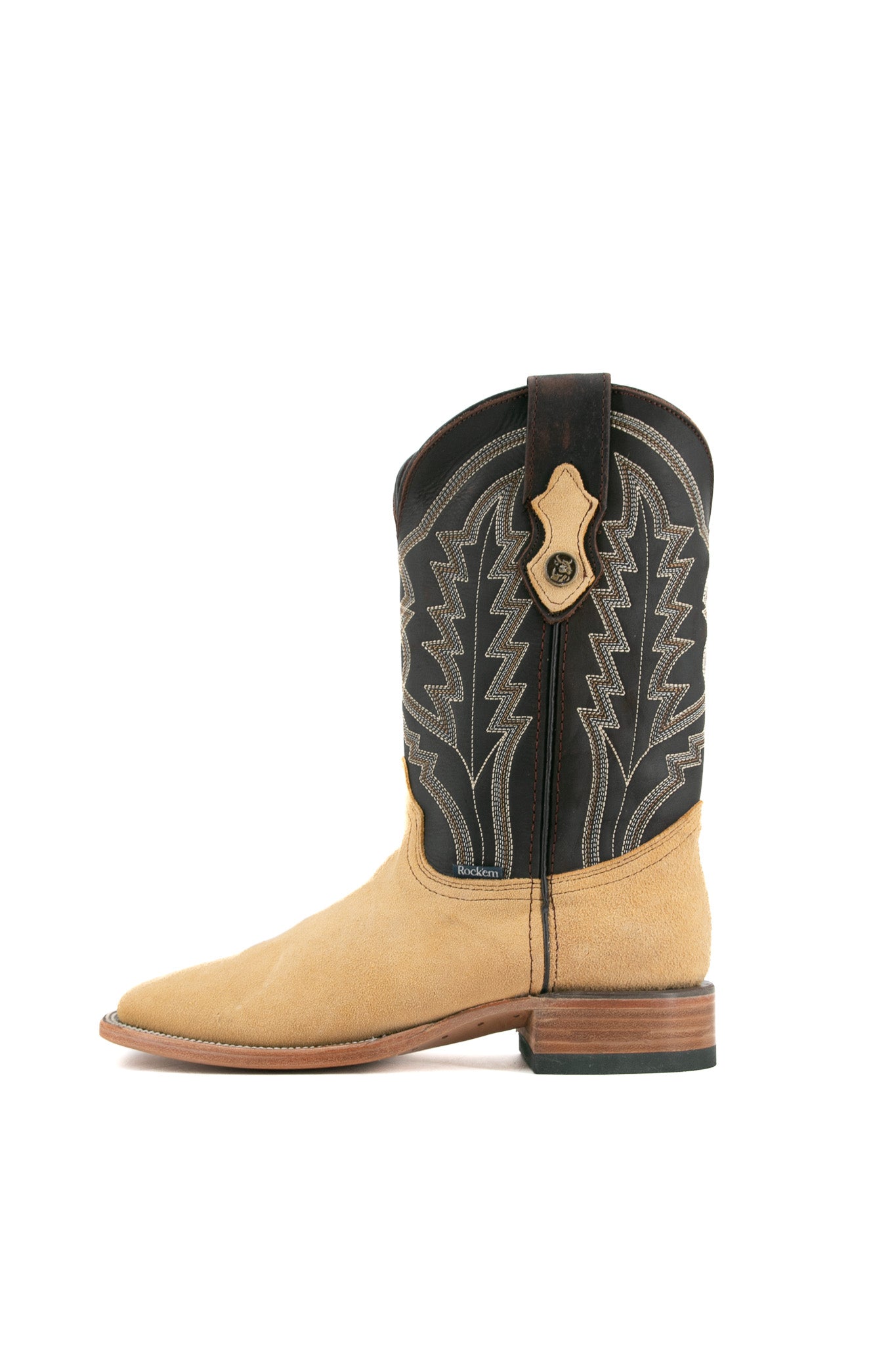 Side view of the mustard Luke Suede cowboy boots in genuine leather, featuring a square toe, black suede vamp, yellow shaft with embroidery, and rubber heel.