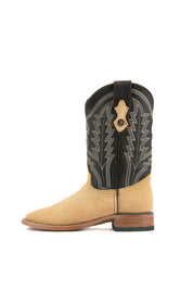 Side view of the mustard Luke Suede cowboy boots in genuine leather, featuring a square toe, black suede vamp, yellow shaft with embroidery, and rubber heel.