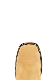 Top-down close-up of the mustard Luke Suede cowboy boot vamp showing the yellow suede detail and square toe.