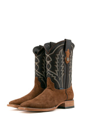 The tobacco Luke Suede cowboy boots are genuine leather, featuring a square toe, black suede vamp, brown shaft with embroidery, and rubber heel