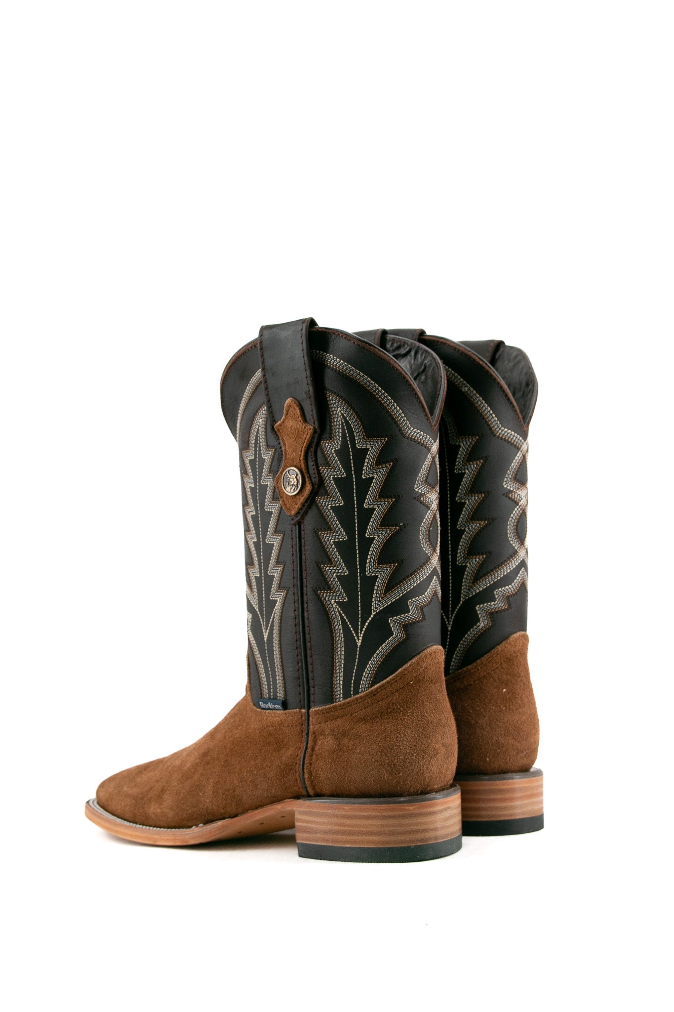 Back view of tobacco Luke Suede cowboy boots in genuine leather, featuring a square toe, black suede vamp, brown shaft with embroidery, and rubber heel.