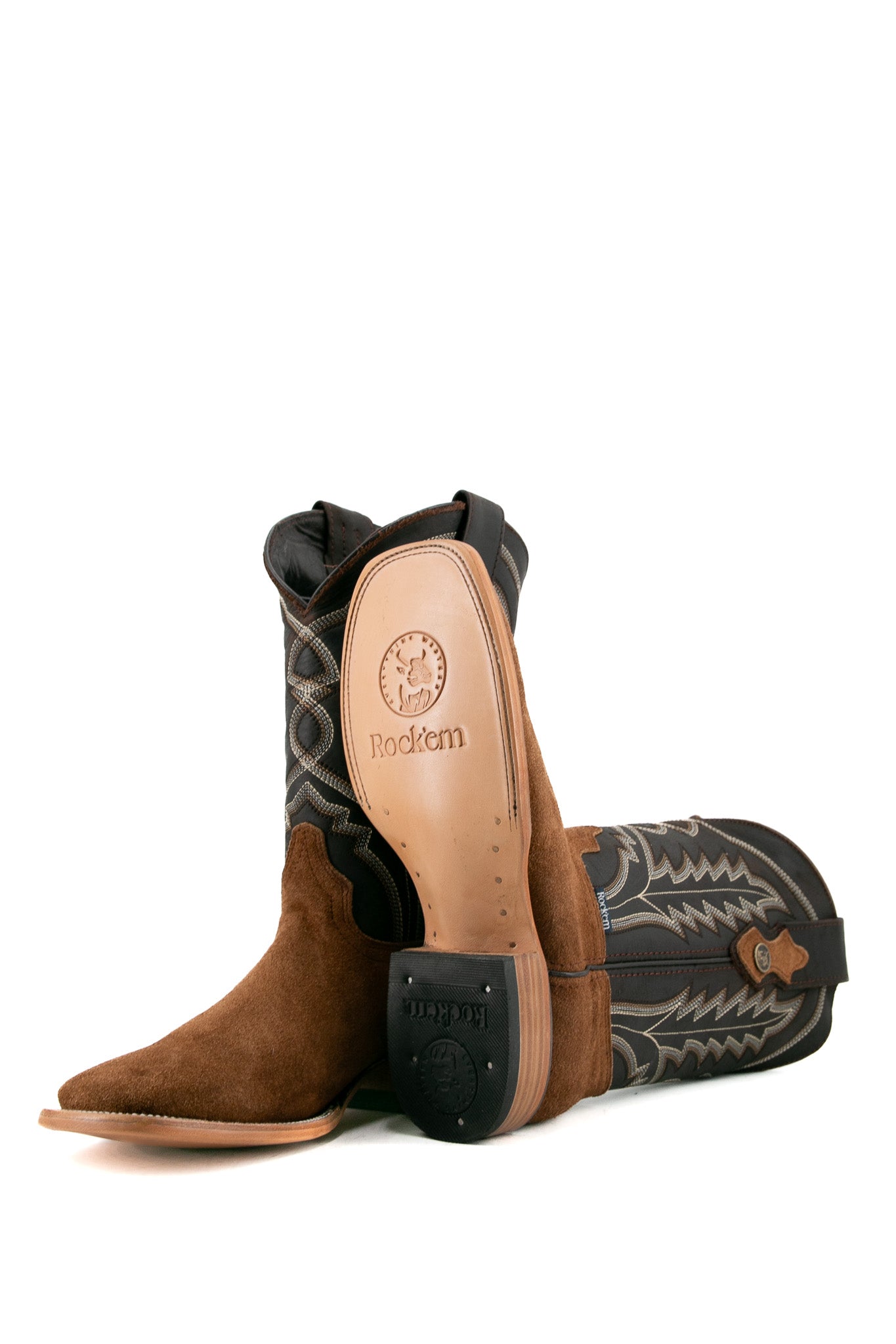 View of tobacco Luke Suede cowboy boots in genuine leather, featuring a square toe, black suede vamp, brown shaft with embroidery, and rubber heel.