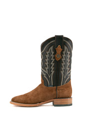 Side view of tobacco Luke Suede cowboy boots in genuine leather, featuring a square toe, black suede vamp, brown embroidered shaft, and rubber heel.