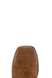 Top-down close-up of the tobacco Luke Suede cowboy boot vamp showing the brown suede detail and square toe.