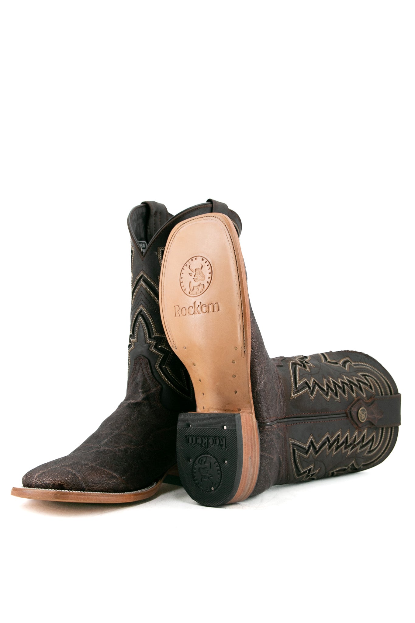 View of brown Rock'em Elephant cowboy boots in genuine leather, featuring a square toe, Elephant print vamp, embroidered shaft, rubber heel, and tan leather sole.