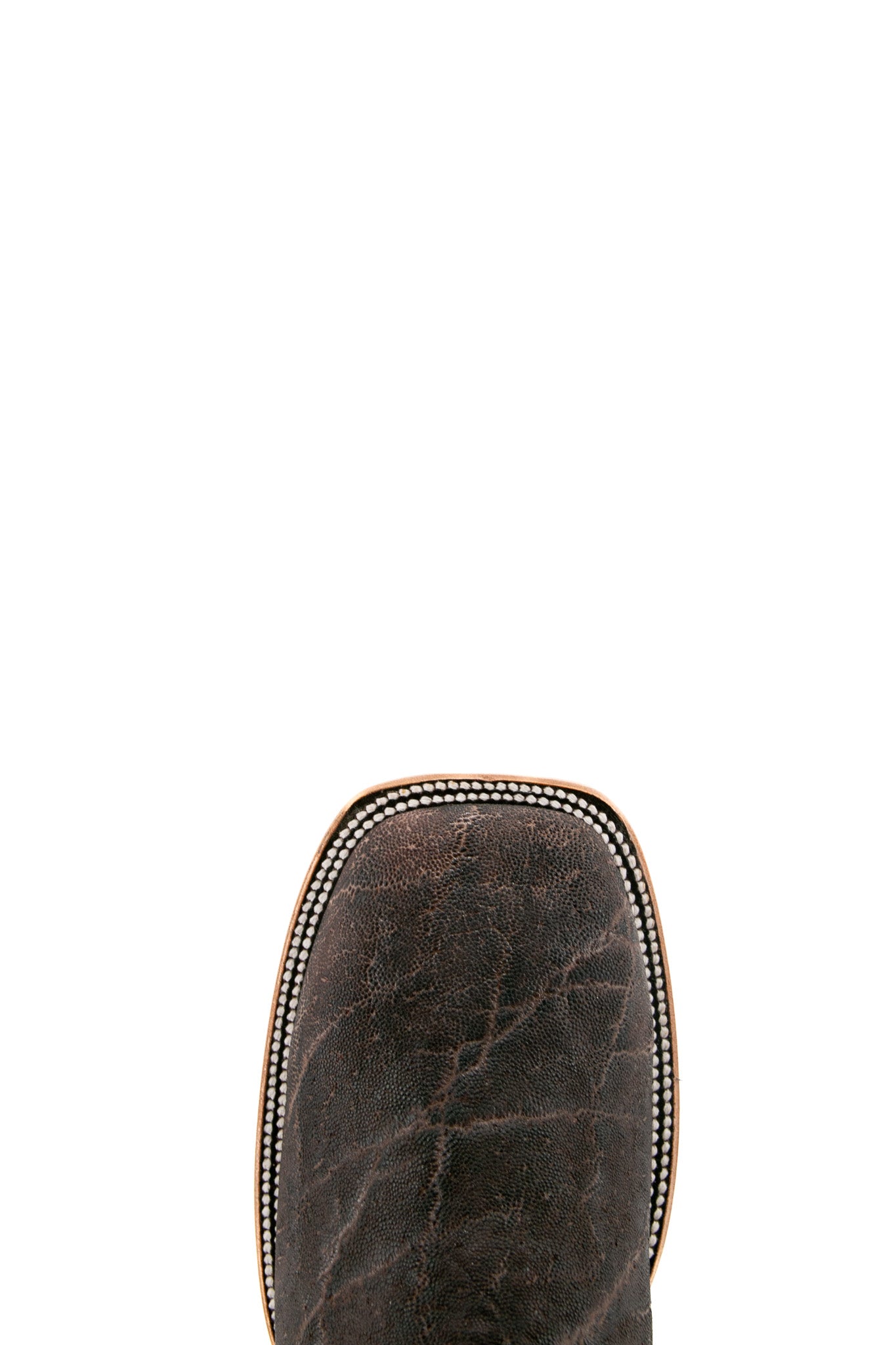 Top-down close-up of the brown Rock'em Elephant cowboy boot vamp showing the elephant print detail and square toe.