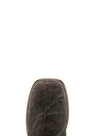 Top-down close-up of the brown Rock'em Elephant cowboy boot vamp showing the elephant print detail and square toe.