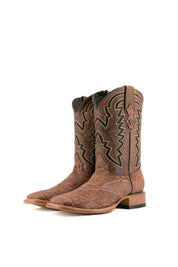 The sand Rock'em Elephant cowboy boots are crafted from genuine leather, featuring a square toe, elephant print vamp, embroidered shaft, and rubber heel.