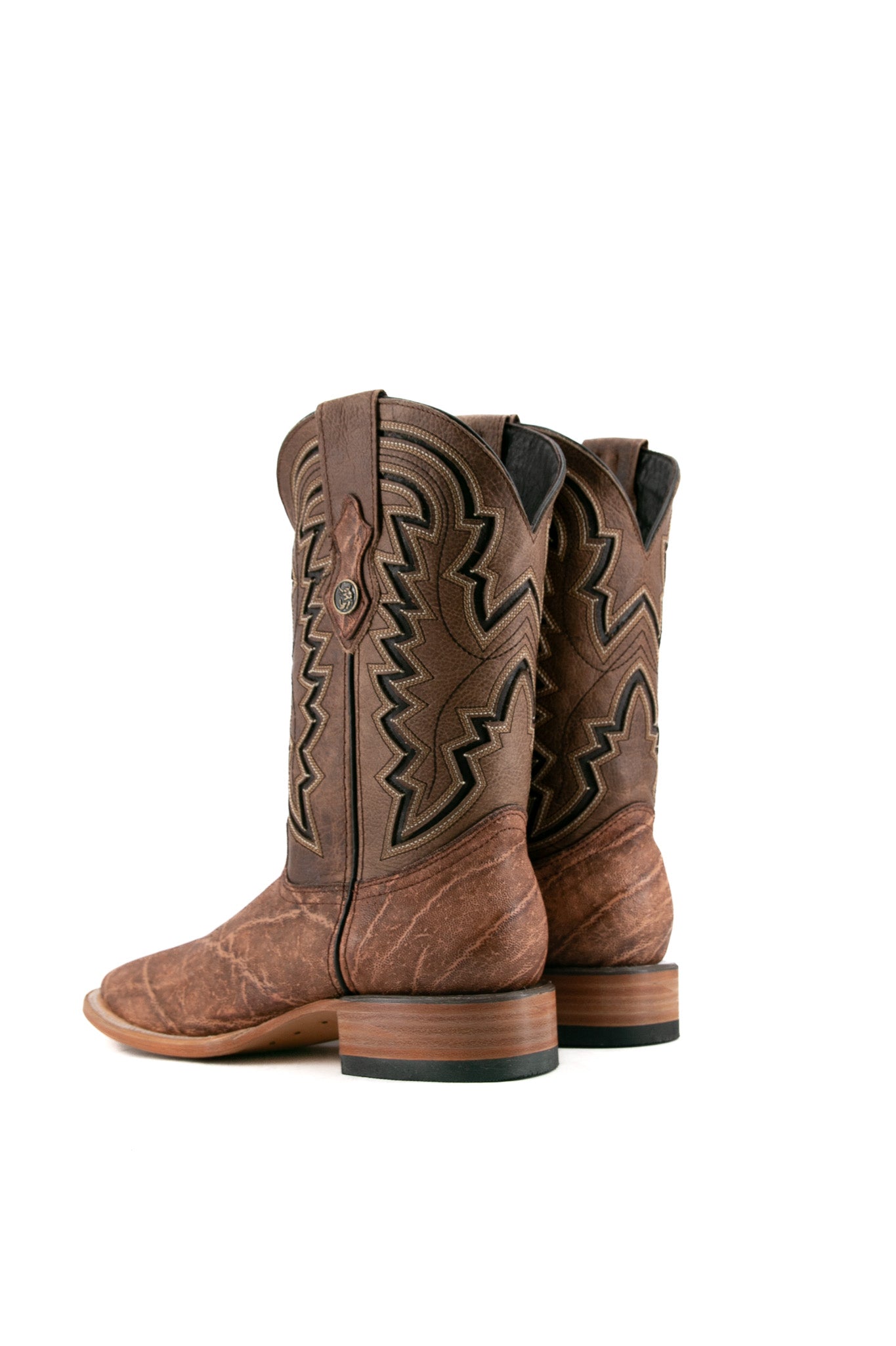 Back view of sand Rock'em Elephant cowboy boots in genuine leather, featuring a square toe, elephant print vamp, embroidered shaft, and rubber heel.