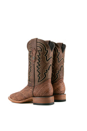 Back view of sand Rock'em Elephant cowboy boots in genuine leather, featuring a square toe, elephant print vamp, embroidered shaft, and rubber heel.