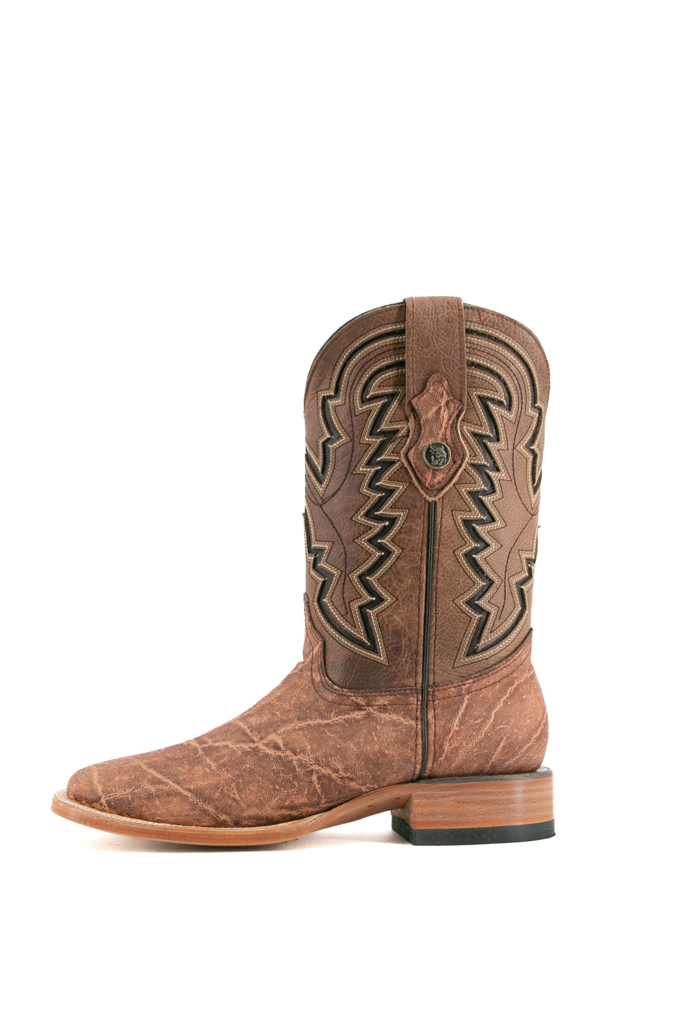 Side view of sand Rock'em Elephant cowboy boots in genuine leather, featuring a square toe, elephant print vamp, embroidered shaft, and rubber heel.