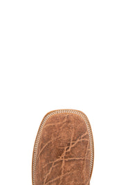 Top-down close-up of the sand Rock'em Elephant cowboy boot vamp showing the elephant print detail and square toe.