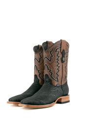 The midnight Rock'em Elephant cowboy boots are crafted from genuine leather, featuring a square toe, elephant print vamp, embroidered shaft, and rubber heel.