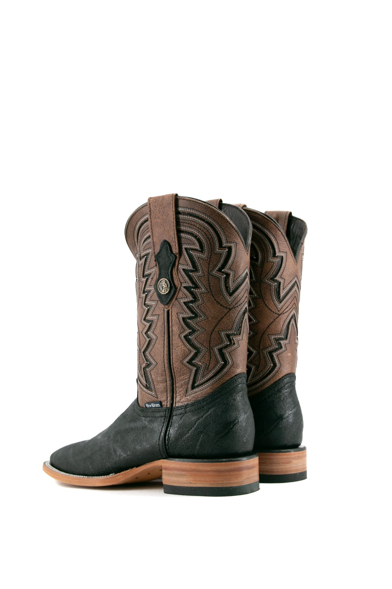 Back view of midnight Rock'em Elephant cowboy boots in genuine leather, featuring a square toe, elephant print vamp, embroidered shaft, and rubber heel.
