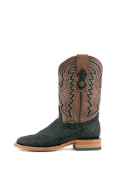 Side view of midnight Rock'em Elephant cowboy boots in genuine leather, featuring a square toe, elephant print vamp, embroidered shaft, and rubber heel.