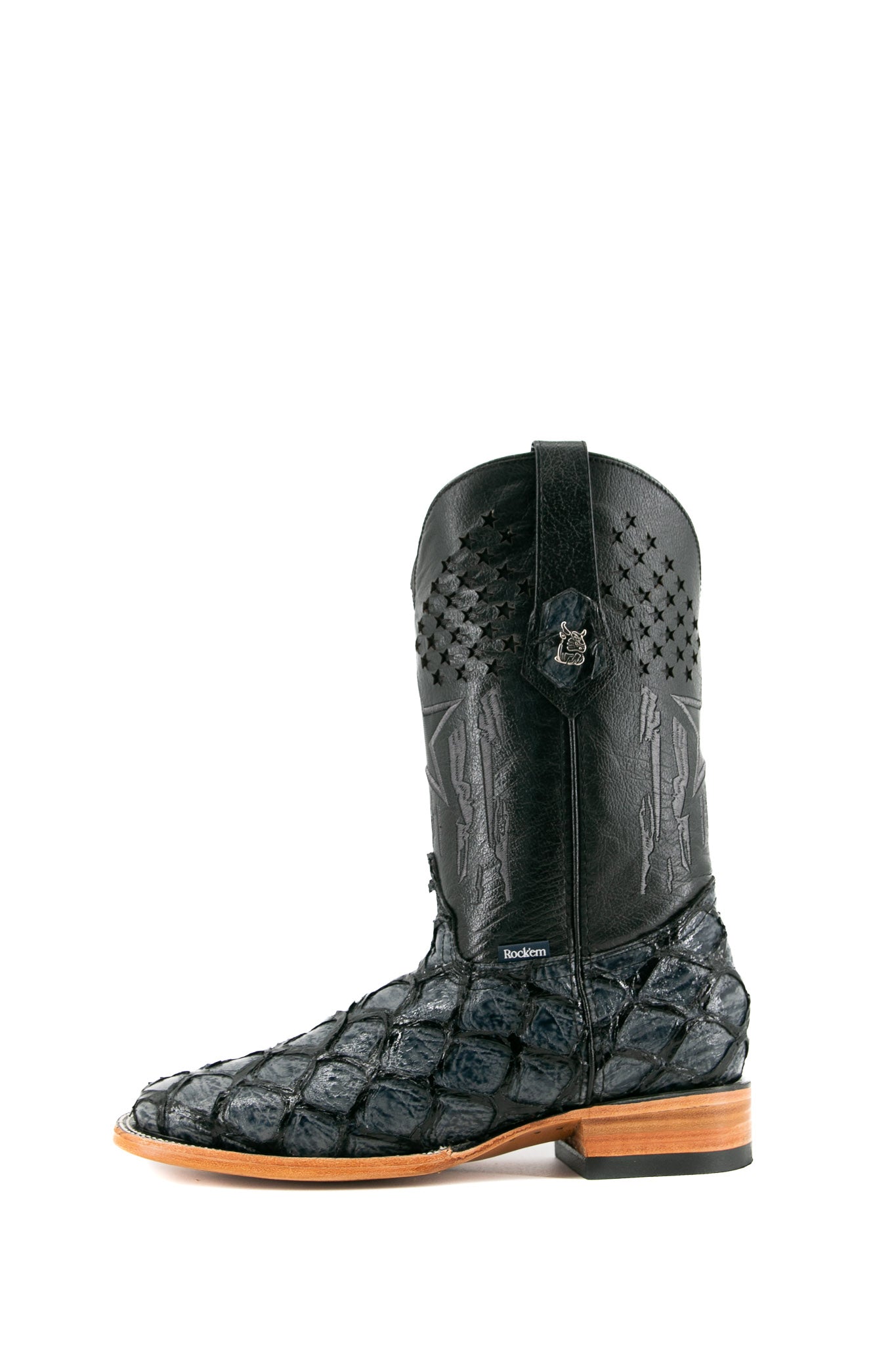 Side view of the Black Fish Navy Pirarucu cowboy boots are genuine leather, featuring a square toe, navy pirarucu print vamp, black shaft with patchwork design with star-shaped perforations, rubber heel.