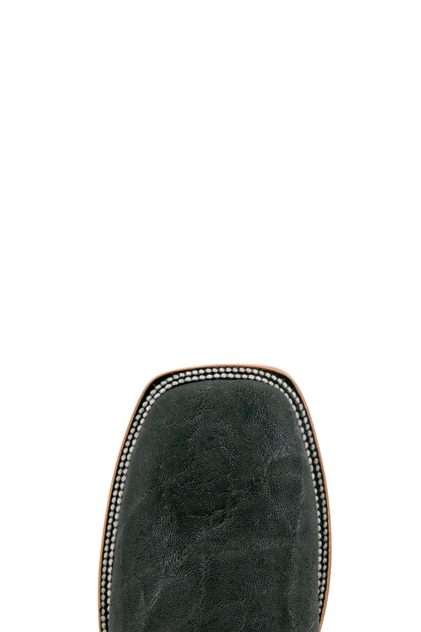Top-down close-up of the midnight Rock'em Elephant cowboy boot vamp showing the elephant print detail and square toe.