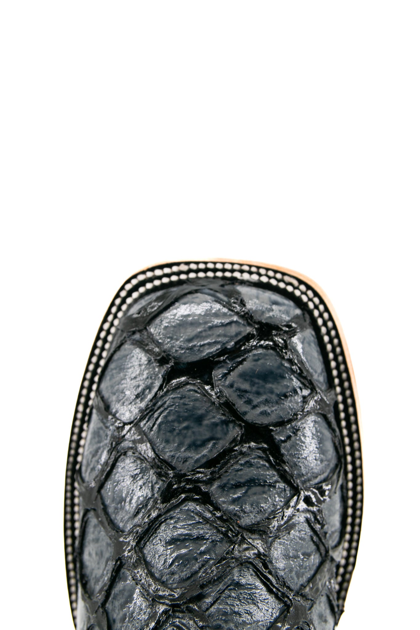 Top-down close-up of black Fish Navy Pirarucu cowboy boot vamp, showcasing the black pirarucu print detail, double stitched welt and square toe.