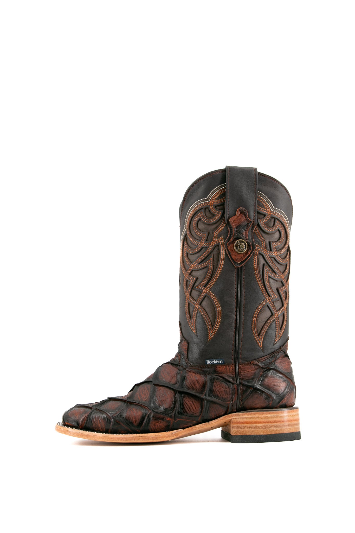 Side view of the Shedron Big Bass Pirarucu Matte cowboy boots in genuine leather, featuring a square toe, shedron pirarucu print vamp, brown shaft with brown embroidery, rubber heel.