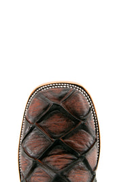 Top-down close-up of shedron Big Bass Pirarucu Matte cowboy boot vamp, showcasing the shedron pirarucu print detail and square toe.
