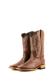 The Heritage Rainbow cowboy boots feature honey leather with intricate stitching and embroidery, a Rock'em bull emblem, durable leather sole, and rubber heel.