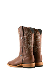 The Heritage Rainbow cowboy boots feature honey leather with intricate stitching and embroidery, a Rock'em bull emblem, durable leather sole, and rubber heel.