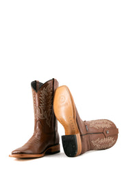 The Heritage Rainbow cowboy boots feature honey leather with intricate stitching and embroidery, a Rock'em bull emblem, durable leather sole, and rubber heel.