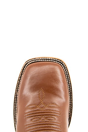 The Heritage Rainbow cowboy boots feature honey leather with intricate stitching and embroidery, a Rock'em bull emblem, durable leather sole, and rubber heel.