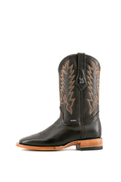 The Heritage Rainbow cowboy boots feature brown leather with intricate stitching and embroidery, a Rock'em bull emblem, durable leather sole, and rubber heel.