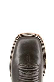 The Heritage Rainbow cowboy boots feature brown leather with intricate stitching and embroidery, a Rock'em bull emblem, durable leather sole, and rubber heel.